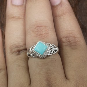 Unisex Turquoise Sterling <b>Silver</b> Gemstone <b>Ring</b> Square Design Gold Plated Trendy Band for <b>Wedding</b> Engagement Party Gift - Product Image 2
