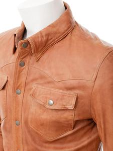 Men's Brown Leather Vintage Casual <b>Shirt</b> <b>Half</b> Sleeve Horn <b>Button</b> Stand Collar Solid Color Winter Wear Urban Export Line - Product Image 2