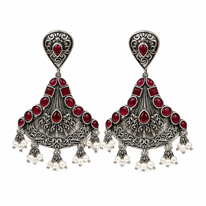 Wholesale Classic Brass Flower Design Oxidized Silver <b>Red</b> Stone <b>Earrings</b> | Premium Quality <b>Drop</b> <b>Earrings</b> | Direct Factory - Product Image 1