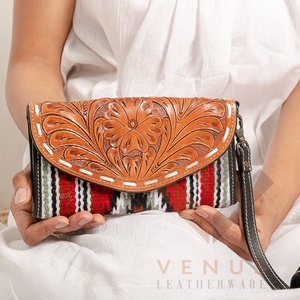 High Quality Women's Genuine Leather Purse Wallet Fashionable <b>Long</b> Design Clutch <b>Bag</b> with Open Closure and Decorative Feathers - Product Image 1