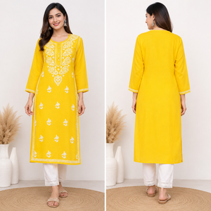 Kurti droit en coton brodé main Chikankari jaune pour femme, très demandé, avec col en tissu ethnique à motif floral - Product Image 4