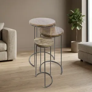 Modern Nested Wood Side <b>Tables</b> Minimalist Design Black Metal Frame Living Room Furniture Wooden iron <b>Nesting</b> <b>set</b> - Product Image 4