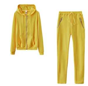 CANBELLO SPORTS Unisex Yellow Tracksuit Drawstring Closure Hooded Streetwear Eco-friendly Solid Color 100% Cotton <b>Blend</b> - Product Image 1