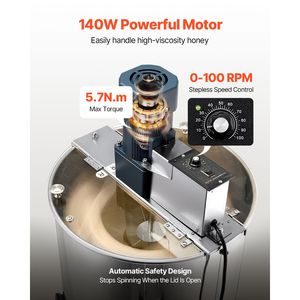 Smielatore Elettrico in Acciaio Inossidabile da 140W con Tamburo a 3 Telaini, Coperchio Trasparente e Meccanismo di Regolazione Altezza - Product Image 2
