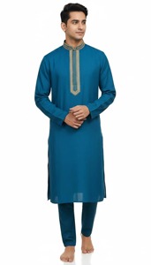 Kurta Amarilla de Algodón para Hombre, Manga Larga, Color Sólido, Cuello Alto, Largo hasta el Tobillo, Atuendo Elegante para Boda, Estilo India Pakistán - Product Image 3