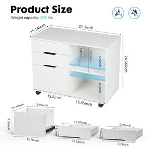 Meuble de rangement roulant à 3 tiroirs avec roulettes, support d'imprimante en bois blanc avec étagères ouvertes pour bureau à domicile - Product Image 2