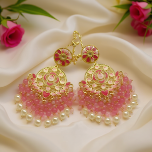 Pendientes colgantes de oro chapado con piedras Kundan y cuentas Meenakari con Maangtikka, joyería de moda. - Product Image 3