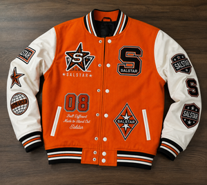 เสื้อแจ็คเก็ตเบสบอลแบบ Varsity Letterman สีส้มขาวสำหรับผู้ชาย พร้อมป้ายปักแบบ OEM ODM - Product Image 6