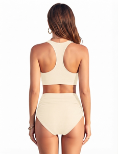 Cream Woman High Waisted Bikini Set Two Piece Swimsuit <b>Tummy</b> <b>Control</b> Cross Wrap Crop Top Bathing Suit Summer Beachwear Swim Wear - Product Image 2