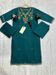 Elegant Dark Green 100% Cotton Embroidery Three Piece Suit for Women with Kurta Pant <b>Dupatta</b> Ethnic Wear Wholesale - Product Image 1