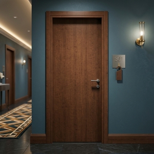 Puerta Interior de Madera Sólida Precolgada Color Nogal con Aislamiento Acústico para Hotel, Villa, Dormitorio, Baño y Cocina - Product Image 2