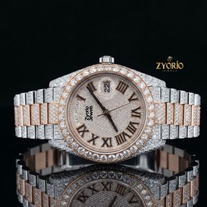 Montre de luxe bicolore sertie de moissanite pour homme – Montre en or rose et argent avec diamants – Montre-bracelet personnalisée VVS Hip Hop - Product Image 1