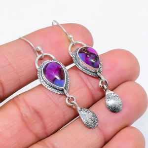 Pear Shape Copper <b>Purple</b> Turquoise Gemstone <b>Earrings</b> 925 Sterling Silver Vintage Style Handmade Jewelry Gift For Women - Product Image 5