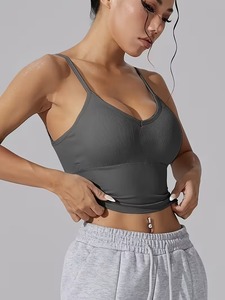 Seamless <b>Longline</b> Workout Crop Top for Women | Low Back Strappy Fitness <b>Bra</b> | Removable Cup White Ribbed Athletic Camisole - Product Image 5