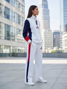 <b>Women's</b> <b>White</b> Color Block 2 in 1 Sporty Loose Fit Half Zip Top Full Length <b>Joggers</b> Tracksuit Set - Product Image 2