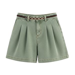 Shorts vaqueros plisados de talle alto verde oliva con cinturón, estilo culotte, para mujer, ropa casual de verano para la calle - Product Image 1