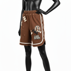 Short de basket-ball pour femme en molleton de coton de haute qualité, marron, confortable, respirant, avec empiècements et logo brodé. - Product Image 3