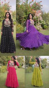 ชุดเดรส Anarkali สีชมพูแฟนซี ตกแต่งด้วยผ้าปะติดปะต่อ ผ้าจอร์เจตต์เทียม สำหรับผู้หญิง ความยาวระดับพื้น สไตล์อินเดียดั้งเดิม เหมาะสำหรับงานเทศกาล นวราตรี ชุดชาติพันธุ์ รีไซเคิล - Product Image 6