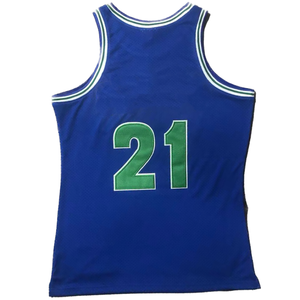 Maillot de basket-ball bleu personnalisé avec numéro 21 vert brodé au dos, débardeur unisexe pour adulte, sans manches, anti-humidité - Product Image 1