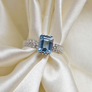 <b>Emerald</b> Cut Blue Topaz Engagement <b>Ring</b> 925 Sterling <b>Silver</b> Moissanite Accent Handmade Luxury Wedding December Birthstone - Product Image 1