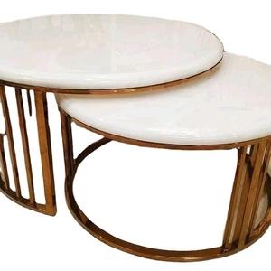 Table basse ronde en marbre avec base en bois et dessus en verre Meubles de salle à manger pour la maison - Product Image 1