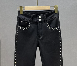 High Waist Black <b>Flare</b> <b>Jeans</b> With Pearl Beading Denim Casual Women's Pants Autumn Style Slim Fit Midweight Fabric - Product Image 3