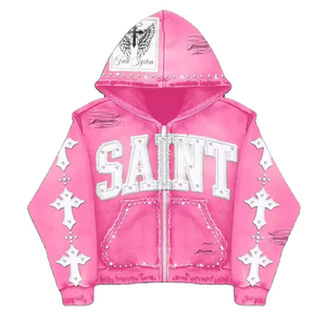 Manufacturer Custom Unisex Rhinestone 100% Cotton Fleece Heavyweight 350g Winter Embroidered <b>Hoodie</b> <b>Zip</b> <b>Pocket</b> Acid Wash High - Product Image 2