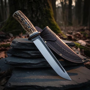 Cuchillo de caza con hoja de acero de Damasco y mango de asta de ciervo, cuchillo de supervivencia para exteriores - Product Image 1