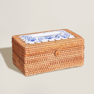 Boîtes en rotin avec couvercle en porcelaine, porte-mouchoirs décoratif, articles de toilette fantaisie pour hôtel - Product Image 1
