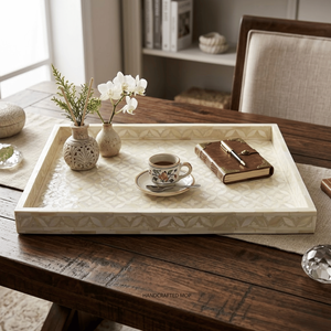 Plateau de service rectangulaire en os incrusté |   Plateau de table basse style ferme |   Plateau de comptoir de cuisine pour le petit-déjeuner |   Plateau décoratif pour la maison - Product Image 4