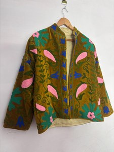 Handmade Suzani Velvet <b>Kantha</b> Quilt <b>Jacket</b> Embroidered Cotton Coat - Product Image 4