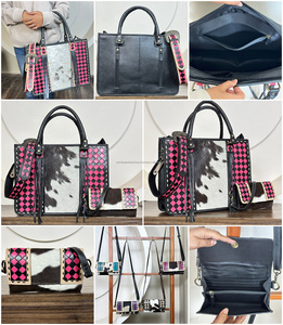 Conjunto de 2 Piezas: Bolso Tote de Cuero Genuino a Cuadros y Cartera de Mano de Cuero Vacuno Grabado a Mano, Novedad 2026 - Product Image 3