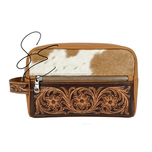 Neceser de Viaje de Cuero Genuino con Pelo Animal, Cierre de Cremallera, Organizador Portátil, Estilo Moderno, Asa Suave - Product Image 1