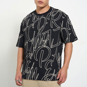 T-shirt à manches courtes noir pour homme avec motif de lettres blanches Coupe classique Col rond Style décontracté Tissu jersey 100% coton - Product Image 1