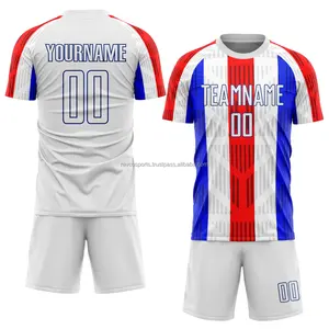 设计你自己的白色和皇家蓝色足球服定制品牌标签足球服套装运动服散装足球服