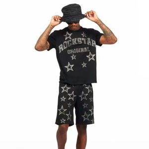 Ensemble T-shirt et short en coton délavé style streetwear vintage avec strass, faible MOQ, pour hommes - Product Image 5