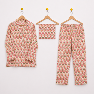 Conjunto de Pijama de Satén y Algodón Transpirable para Mujer, 3 Piezas, Estampado Floral, Manga Larga, Cintura Elástica, Ropa de Dormir para Primavera - Product Image 1