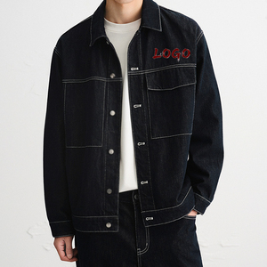 Black <b>Denim</b> <b>Jacket</b> Unisex Autumn Streetwear Workwear Style Shirt Pocket Design <b>Custom</b> Front Logo Button Outerwear Finished - Product Image 1