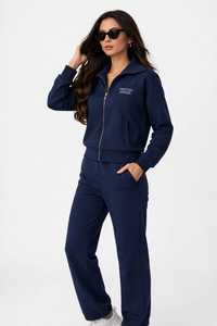 Ensemble de survêtement décontracté pour femme ONETEN APPAREL, bleu marine, en coton, avec fermeture éclair, col montant, manches longues et pantalon de jogging uni - Product Image 1