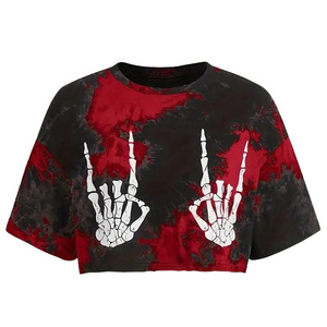 Camiseta Corta para Mujer, Roja y Negra, Tie Dye, Estampada, Cuello Redondo, Manga Corta, Top Corto de Verano - Product Image 1
