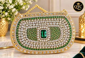 Bolso de mano pequeño de latón Kundan, chapado en oro, con diamantes de imitación, para noche, con correa de cadena, accesorio para bodas y fiestas, forro de terciopelo - Product Image 2