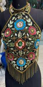 Haut de danse du ventre pour femmes adultes, orné de perles, broderie florale, franges, tenue de performance, style tribal exotique, costume de scène - Product Image 4