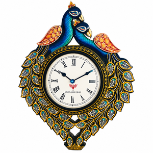 Horloge murale analogique à quartz en bois artisanal avec motif paon |   Décoration indienne Art Déco |   Décoration traditionnelle pour la maison en provenance du Rajasthan - Product Image 3