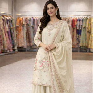 Ensemble Kurti Plazzo en soie GMY pure de qualité supérieure, brodé, avec dupatta en dentelle fantaisie - Product Image 1