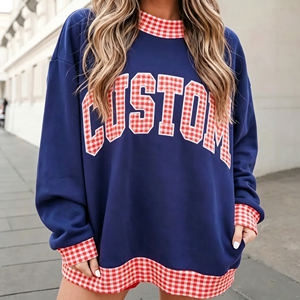 Sweat-shirt tricoté ample personnalisé pour femme, à col montant, manches longues, avec patchwork à carreaux vichy, applique lettre et bordure à carreaux contrastants - Fabricant - Product Image 6