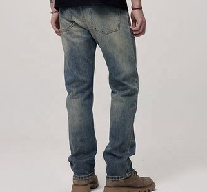 Men's Straight Leg Distressed Denim <b>Jeans</b> Mid Waist Cotton Ripped Casual Autumn Style Regular Fit Stonewashed Blue - Product Image 2