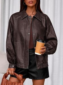 Women's Black PU Leather Bomber Jacket With <b>Zipper</b> Closure Turn Down Collar Full Sleeve Autumn Style - Product Image 5