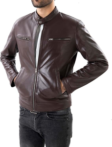 Veste moto en cuir véritable marron pour homme, col montant, fermeture éclair, coupe classique, pour l'automne - Product Image 2