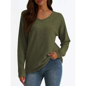 2025 2025, camisetas de manga larga de gran tamaño con cuello en V para mujer, Jersey informal básico, Camisetas Básicas de algodón ligero - Product Image 2