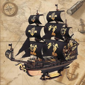Black <b>Pirate</b> <b>Ship</b> <b>Model</b> With Gold Seahorse Sails Metal Craft Decor For Home Display - Product Image 5